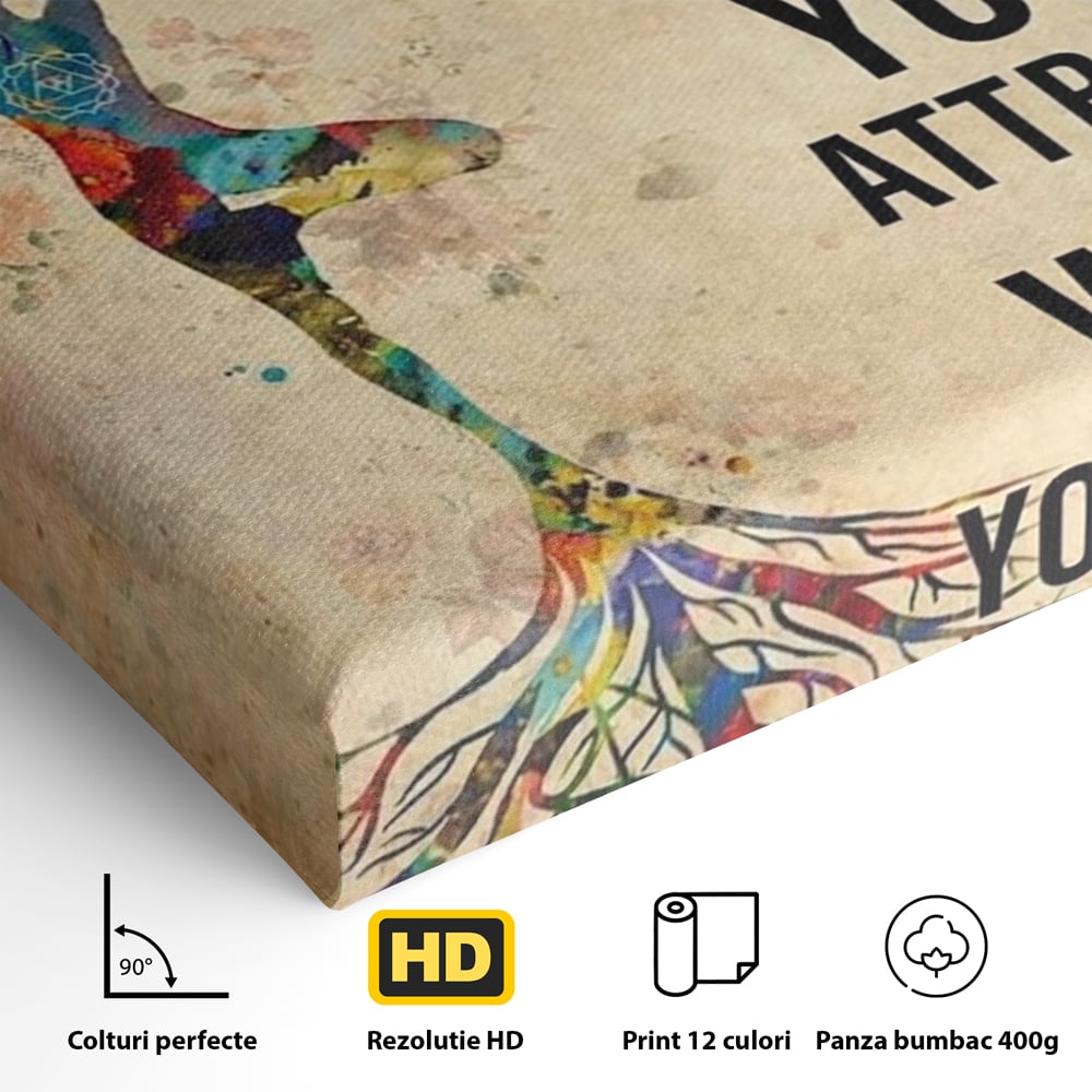 Detaliu al suprafetei: tablou canvas motivational cu silueta si copac, fara rama, pe sasiu de lemn